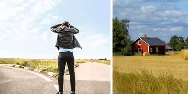 Person står vid ett vägskäl på landet, blickar framåt. Bredvid syns ett rött fritidshus – en symbol för ett sparmål.