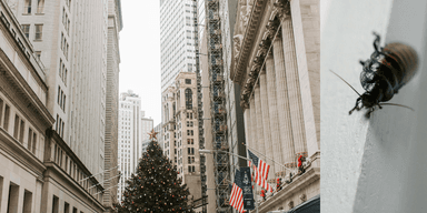 Finansdistrikt med skyskrapor som symboliserar den snabbt växande marknaden för privat skuldfinansiering. Brevid en bild på en kackerlacka.