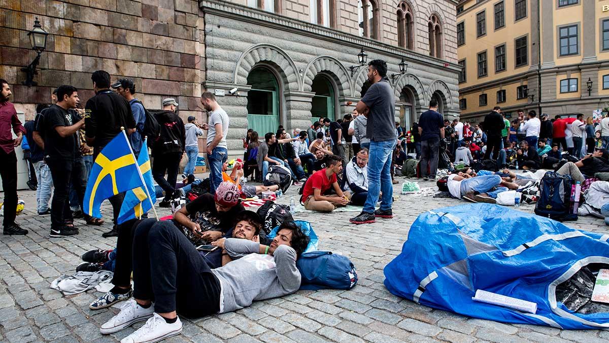 Asylsökande protesterar på Mynttorget i Stockholm mot en hårdare flyktingpolitik. Bilden är från i början av augusti i år. (Foto: TT)
