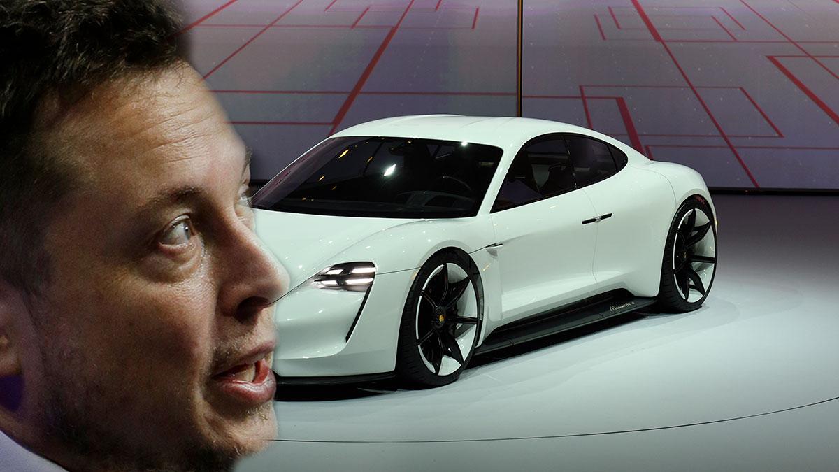 Tesla och Elon Musk (t.v i bild) får se upp för Porsches snabba elbil Mission E. (Foto: TT / montage)