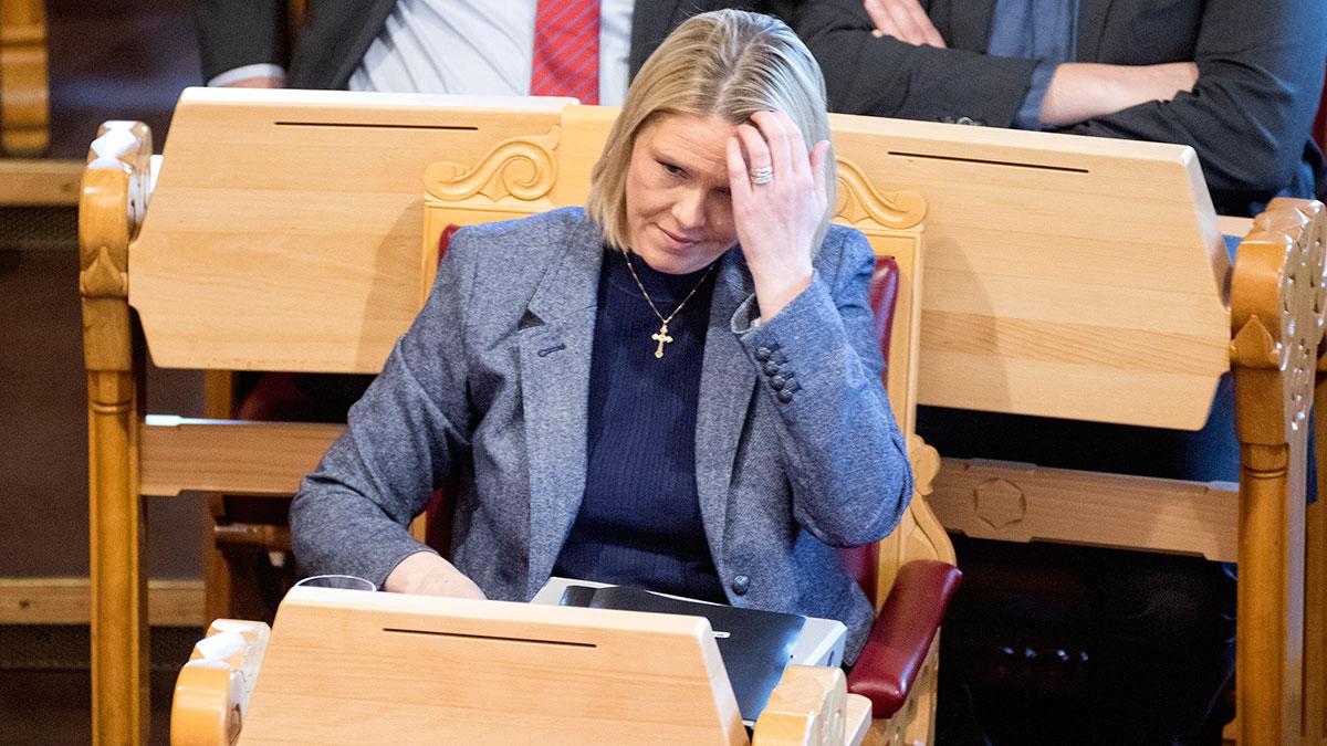 Norges justitieminister Sylvi Listhaug från Fremskrittspartiet tvingas lämna regeringen efter sin groda på Facebook. (Foto: TT)