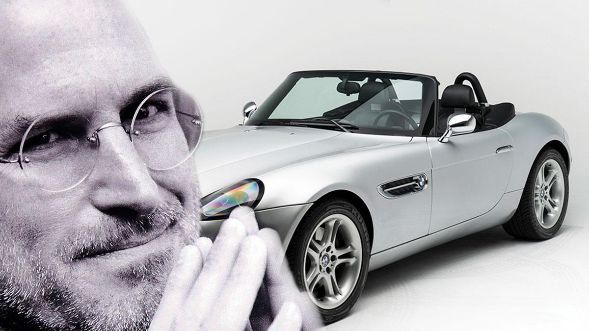 Steve Jobs silverfärgade BMW går under auktionsklubban i december. (Foto: TT / montage)
