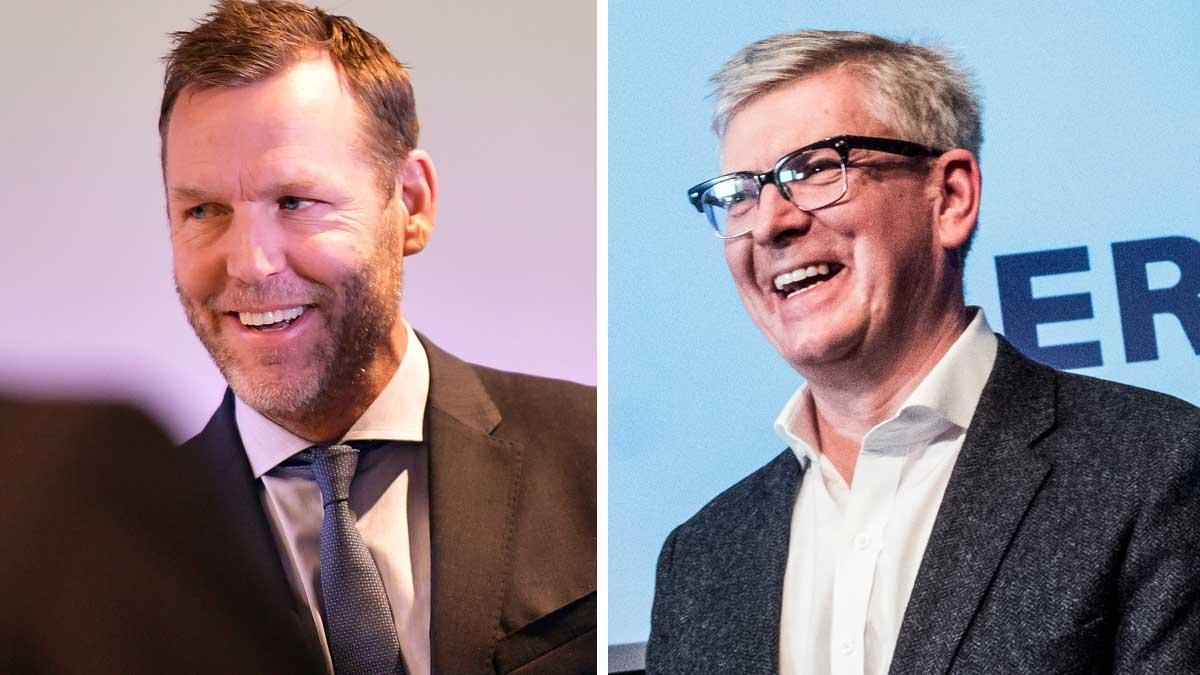 Både Telia och Ericsson överträffar analytikernas förväntningar. På bild: Telias vd Johan Dennelind (vänster) och Ericssons Börje Ekholm (höger). (Foto: TT / Montage)