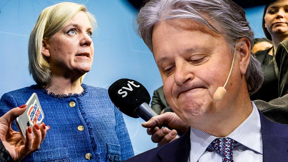 Finansminister Magdalena Andersson och Nordeas vd och koncernchef Casper von Koskull är inte överens om bankskatten. (Foto: TT / montage)