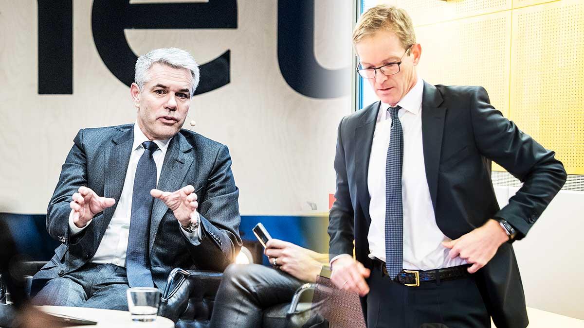 På bild: Hexagons insidermisstänkte vd Ola Rollén samt advokaten Knut Bergo. (Foto: TT / Montage)