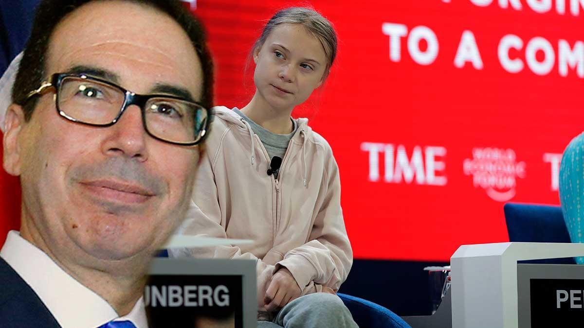 USA:s finansminister Steven Mnuchin hånade Greta Thunberg i Davos med kommentaren: "Är hon chefsekomnom?" (Foto: TT / montage)