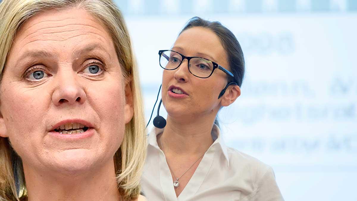 "Vi tror inte att osäkerheten lättar", säger DNB:s chefsekonom Kjersti Haugland (t.h) om Sveriges tillväxtmöjligheter. Vad säger finansminister Magdalena Andersson (S)? (Foto: TT / montage)