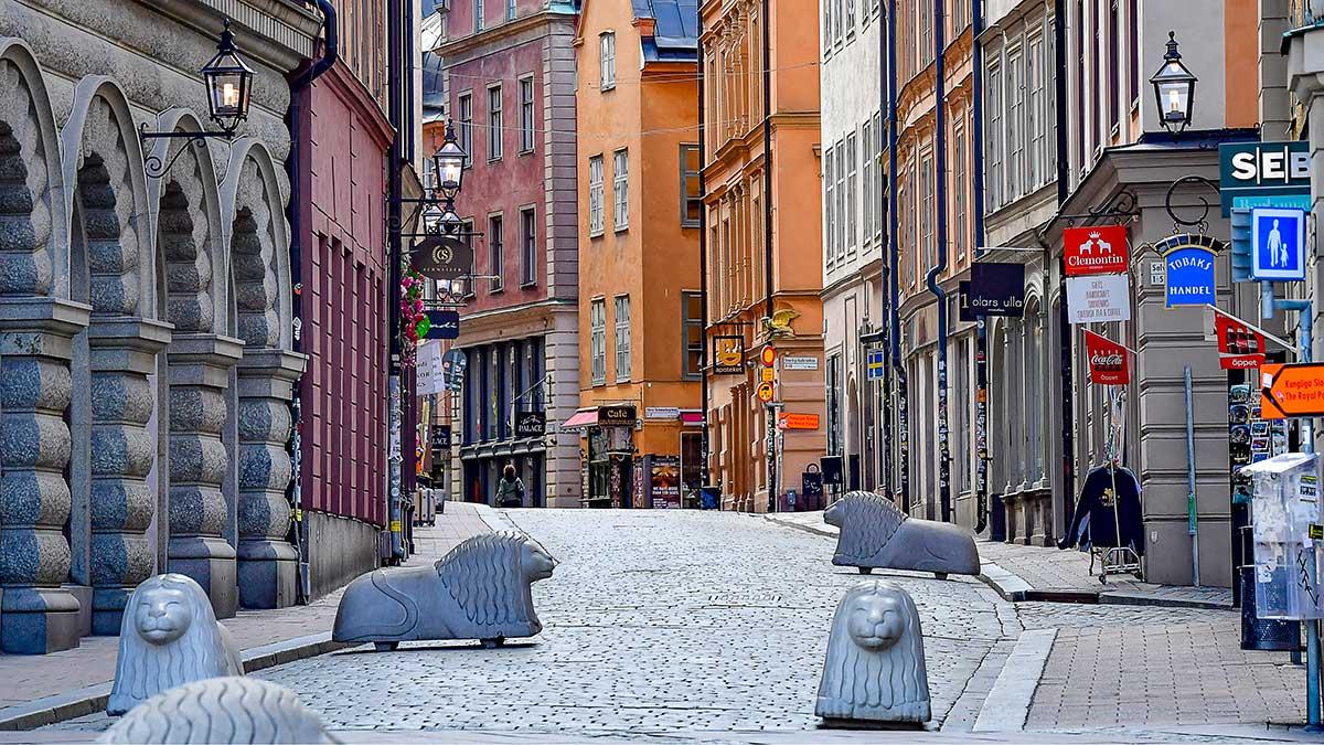 Ett kusligt tomt och öde Gamla Stan i Stockholm i spåren av coronakrisen. Nu varnar Stockholms Handelskammare för att Sverige under sommarmånaderna riskerar att förlora över 80 miljarder kronor i intäkter från utländska turister. (Foto: TT)