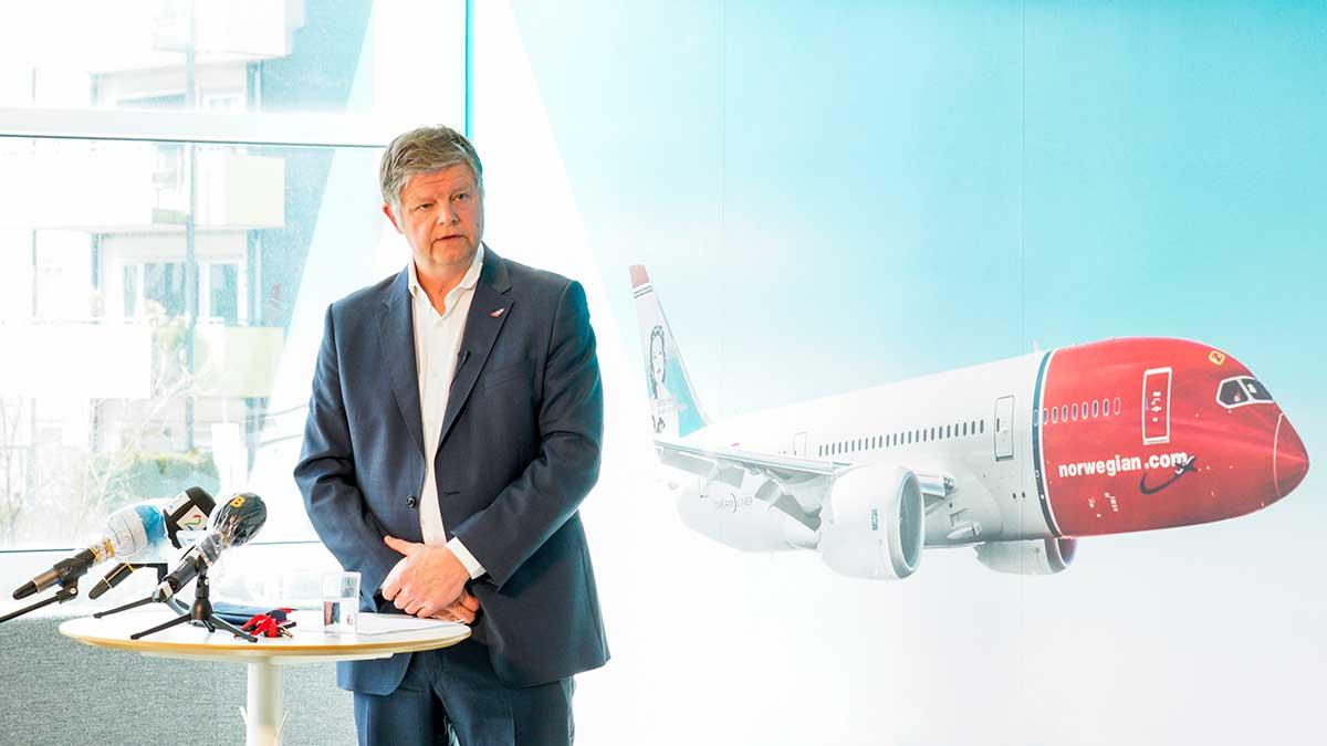 Norwegians passagerantal rasade med hela 91 procent i augusti. På bilden syns det krisande flygbolagets koncernchef Jacob Schram. (Foto: TT)