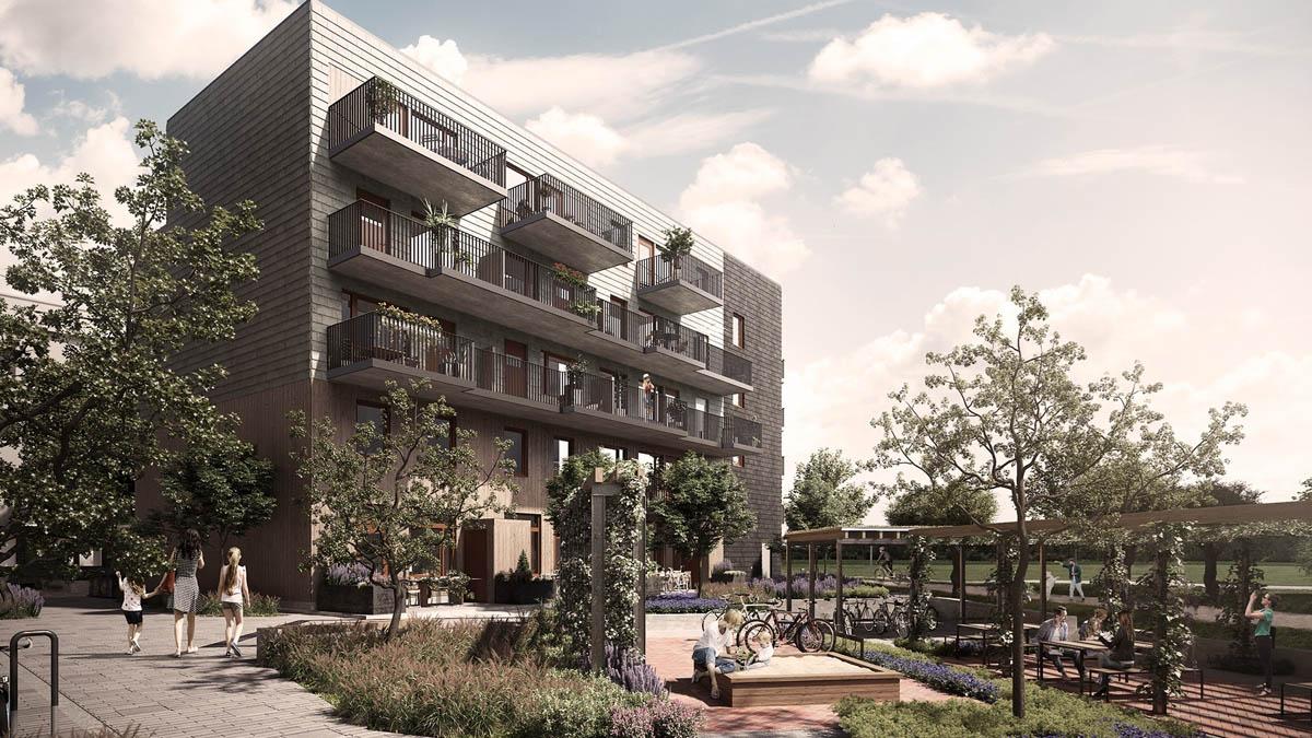 Hyllie Homes ligger på cityläge med grönskande natur in på knutarna, precis i början av Malmös klimatsmarta stadsdel Hyllie. (Foto: Peab)