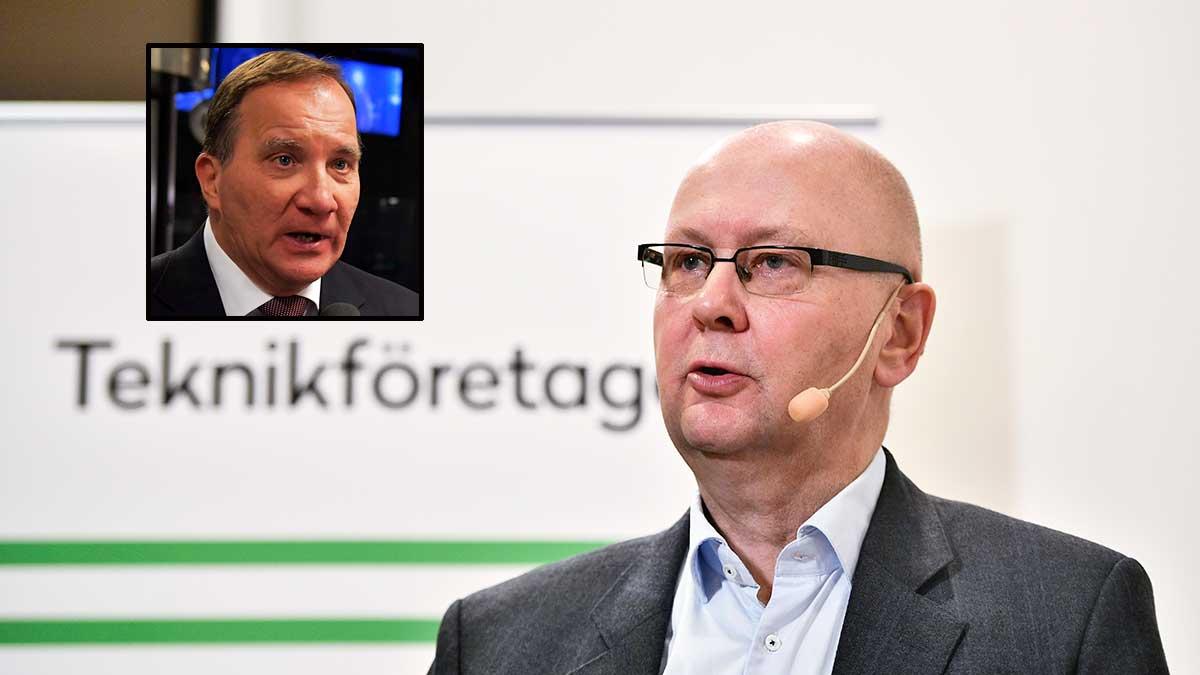 Klas Wåhlberg, vd för Teknikföretagen, stänger inte dörren för nya las-förhandlingar med facken. Statsminister Stefan Löfven (S) hoppas att parterna ska komma överens, annars hotar ett misstroendevotum och en regeringskris. (Foto: TT / montage)