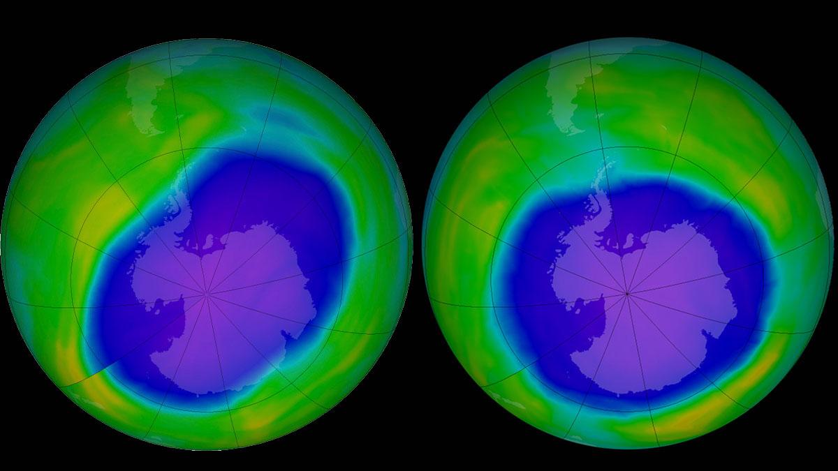 Jordens ozonlager är på väg att återhämta sig. Ozonhålet över Antarktis den 5 oktober 2022 till vänster och den 2 oktober 2015 till höger