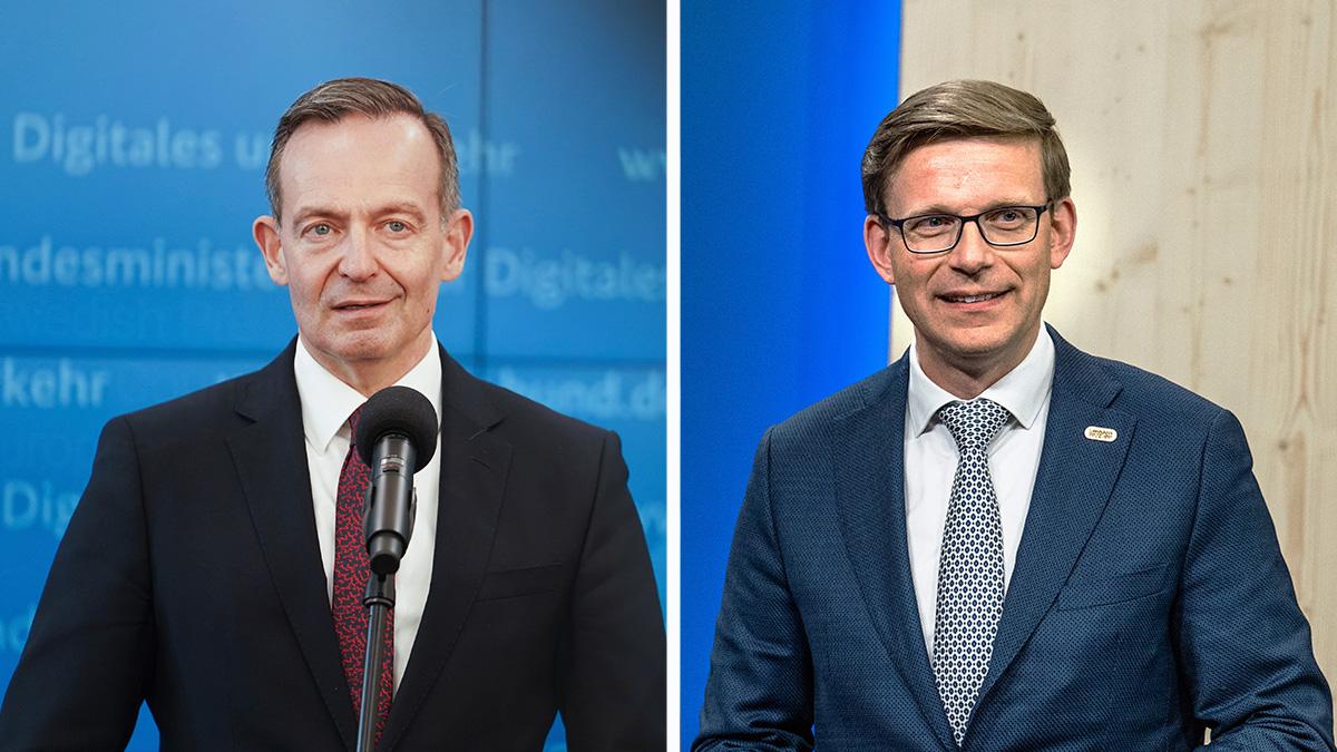 Tysklands transportminister Volker Wissing, till vänster och Tjeckiens transportminister Martin Kupka, till höger, vill ha undantag för bilar som körs med e-bränsle i EU:s planerade förbud mot förbränningsmotorer