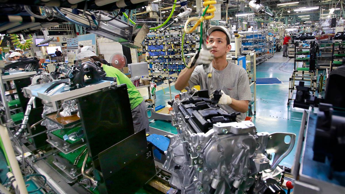 Nissanfabrik i Yokohama, Japan. Stora japanska tillverkare känner sig pessimistiska om affärsförhållandena för tredje månaden i rad