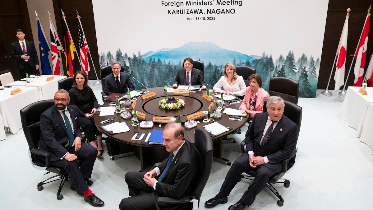Möte med G7:s utrikesministrar i Karuizawa, Japan, den 18 april 2023. Enligt uppgift diskuterar G7 införandet av ett totalt exportförbud till Ryssland