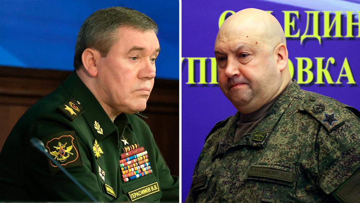 Två ryska generaler, Valery Gerasimov, befälhavare över Rysslands krig i Ukraina, till vänster, och Sergej Surovikin, vice befälhavare för de ryska styrkorna i Ukraina, till höger, har inte synts till sedan Wagnerupproret