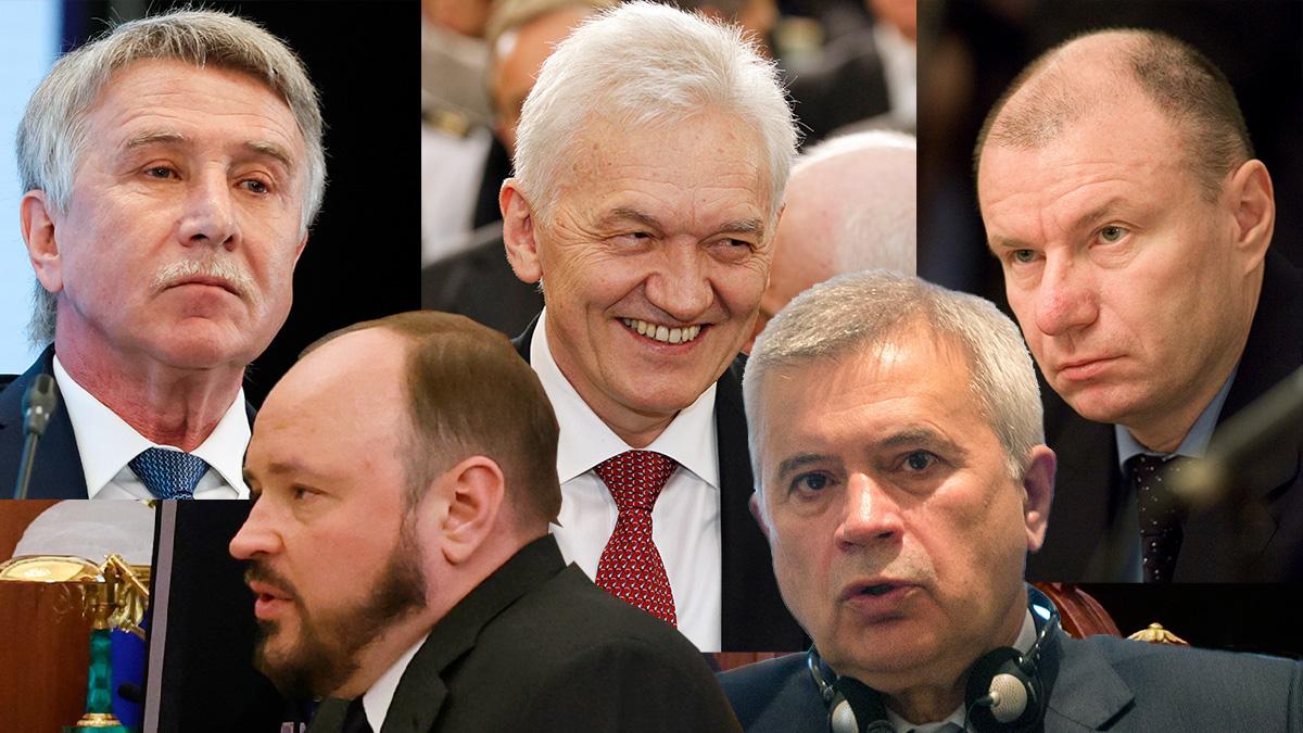 Sammansatta bilder av ryska oligarker. Överst från vänster: Leonid Mikhelson, Gennadij Timtjenko och Vladimir Potanin. Underst från vänster: Andrey Guryev och Vagit Alekperov