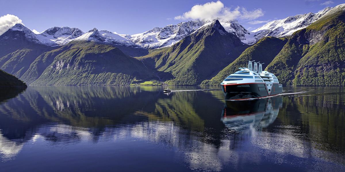 Visualisering av Hurtigrutens utsläppsfria fartyg i Hjørundfjord, Norge