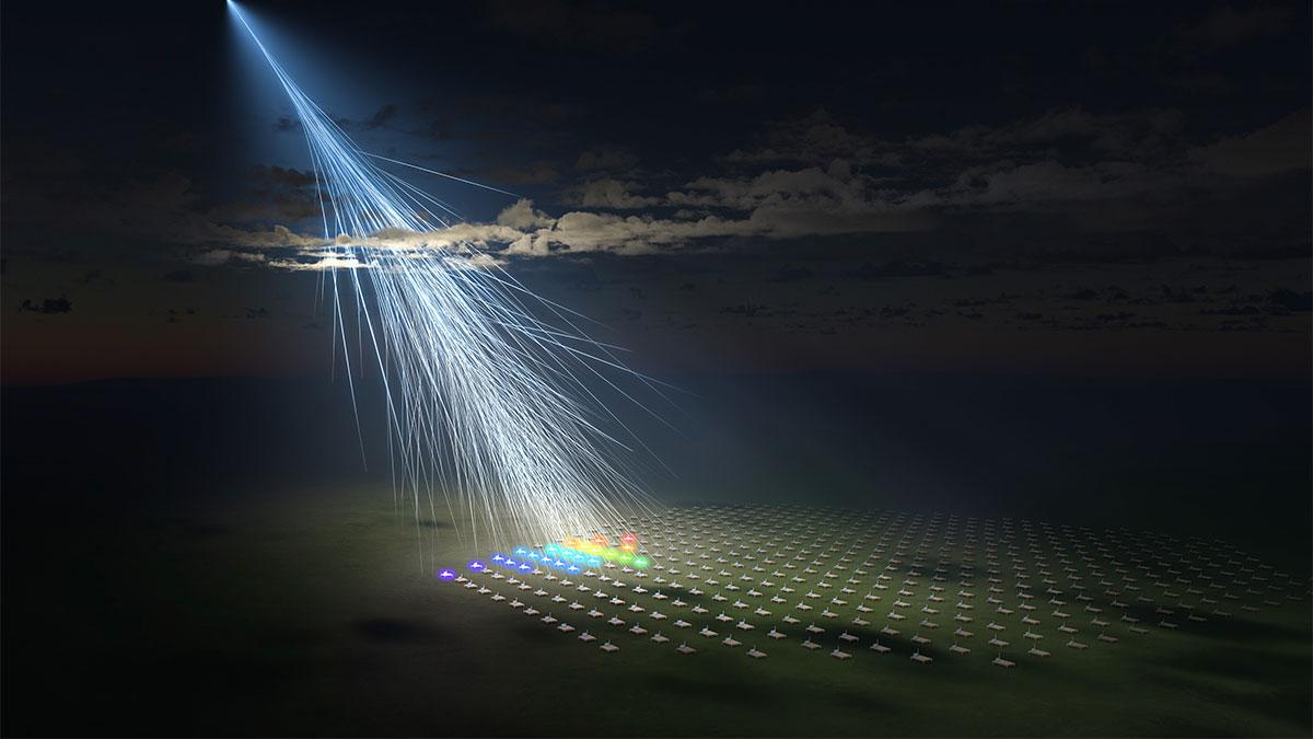 Konstnärlig illustration av den kosmiska strålen med ultrahög energi och en exceptionellt sällsynt partike