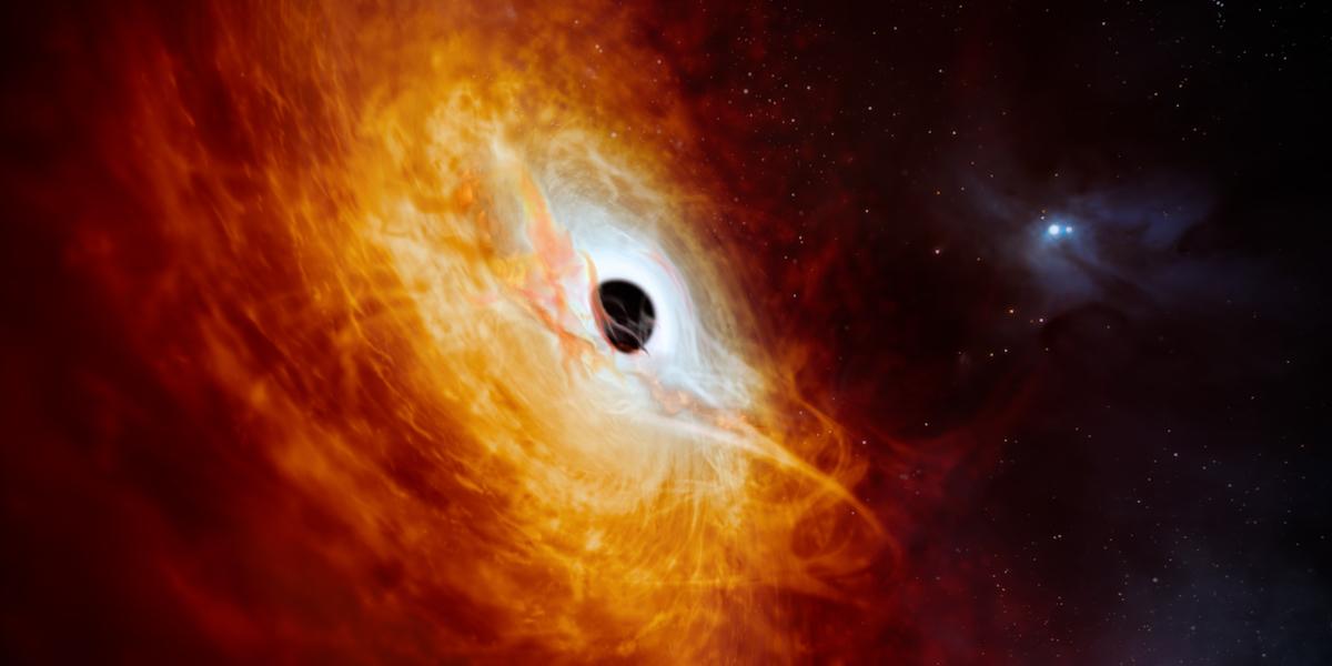 Konstnärsillustration av kvasaren J059-4351, den ljusa kärnan i en avlägsen galax som drivs av ett supermassivt svart hål