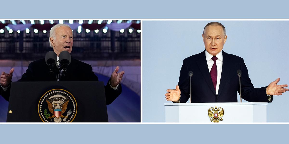 Vladimir Putin, till höger, säger att han föredrar Joe Biden, till vänster, framför Donald Trump som president i USA