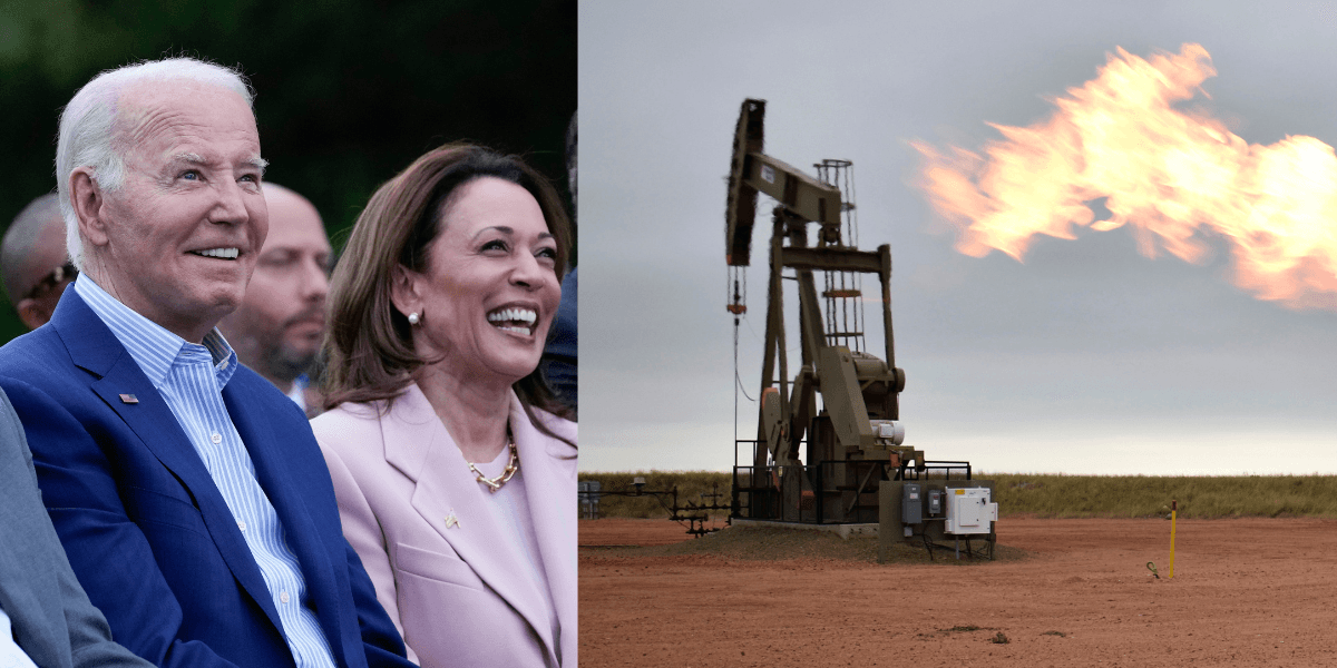 Kollage med en bild föreställande Joe Biden och Kamala Harris och en bild föreställande en oljepump.