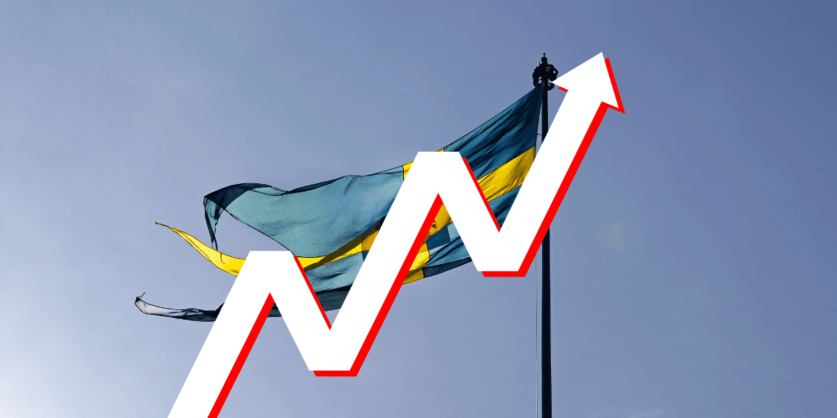 Svenska flaggan och en pil som pekar uppåt.