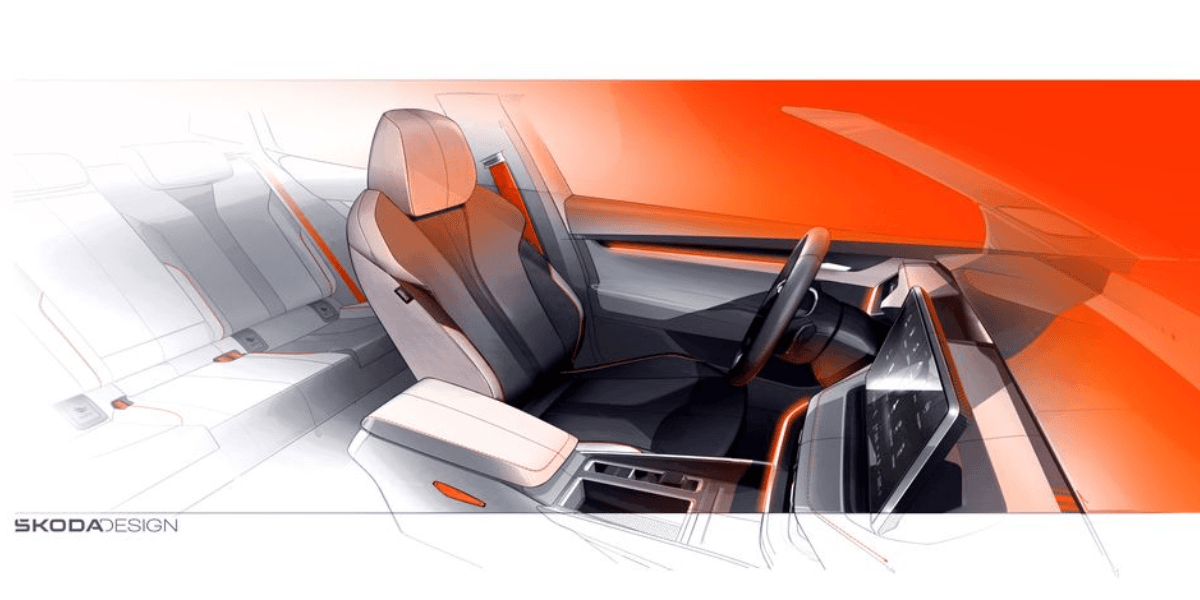 Första inteiröra skissbilderna på Škoda Elroq - interiörvalet Lodge (Foto: Skoda)