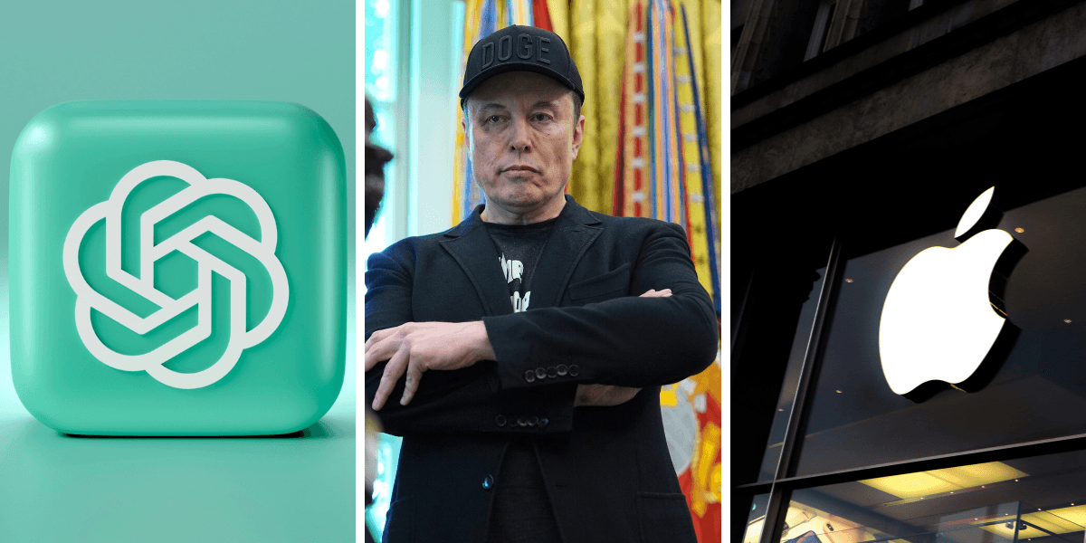Elon Musk är sur på Apple och Open AI. (Foto: Mariia Shalabaieva, Laurenz Heymann on Unsplash och Evan Vucci/AP/TT)