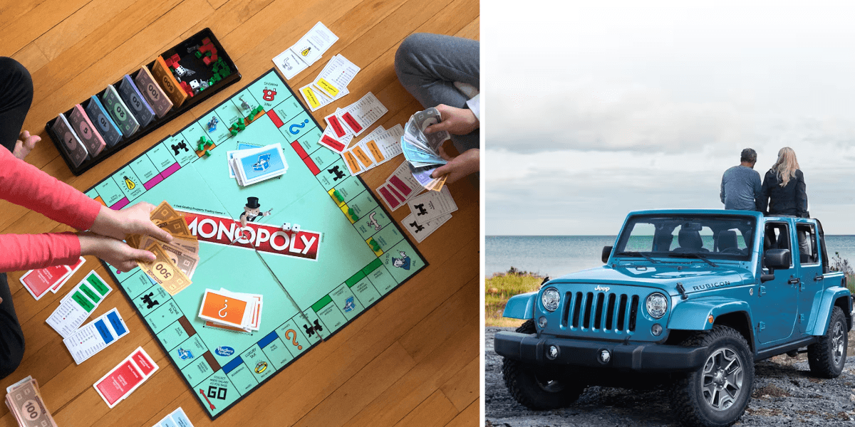 Vad sägs om Monopol-pengar för en bil? (Foto: Maria Lin Kim on Unsplash och Jeep)