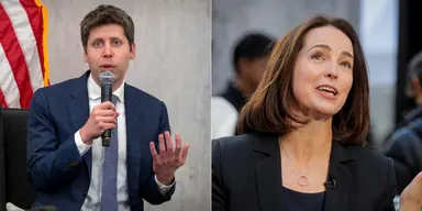 Sarah Friar sa för mycket och Sam Altman får korrigera. Trump blir sur. (Foto: Mark Schiefelbein /AP/TT och LinkedIn)