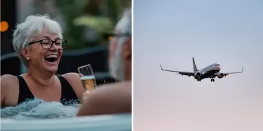 Äldre kvinna skrattar i bubbelpool med glas i handen, symbol för frihet och guldkant som pensionär. Flygplan i solnedgång visar drömmen om resor.