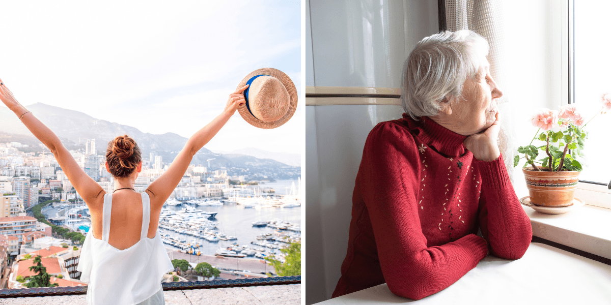 en kvinna som reser mycket och lever för sina pengar och en äldre kvinna som reflekterar över sitt sparande.