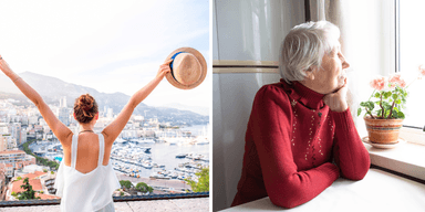 en kvinna som reser mycket och lever för sina pengar och en äldre kvinna som reflekterar över sitt sparande.