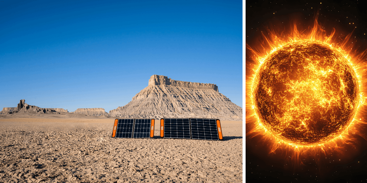 Flera företag slåss om att fånga solen inte bara under dagtid utan även hela dygnet. (Foto: Jackery Power Station on Unsplash och Canva)