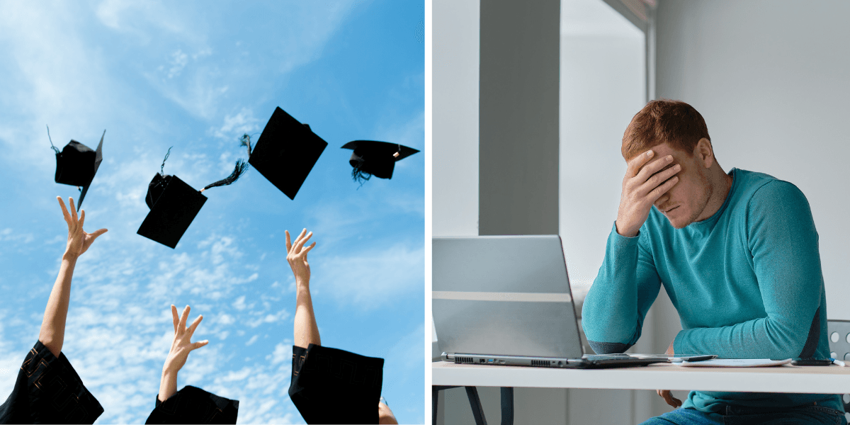 Utexaminerade studenter firar med kastade hattar medan en ung man sitter frustrerad framför en laptop – symboliserar svårigheten att få jobb efter examen.