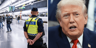 Svensk polis patrullerar tågstation och Donald Trump kritiserar Sveriges säkerhet i intervju.