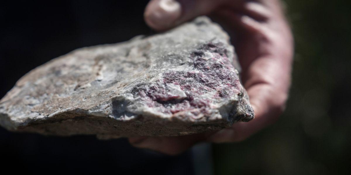 En sten som skiftar i grått och lila.